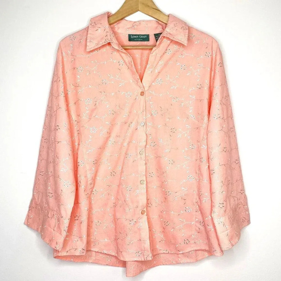Lemon Grass Studio XL Pink Peach Embroidered Button Down Blouse Floral Boho - Picture 1 of 10